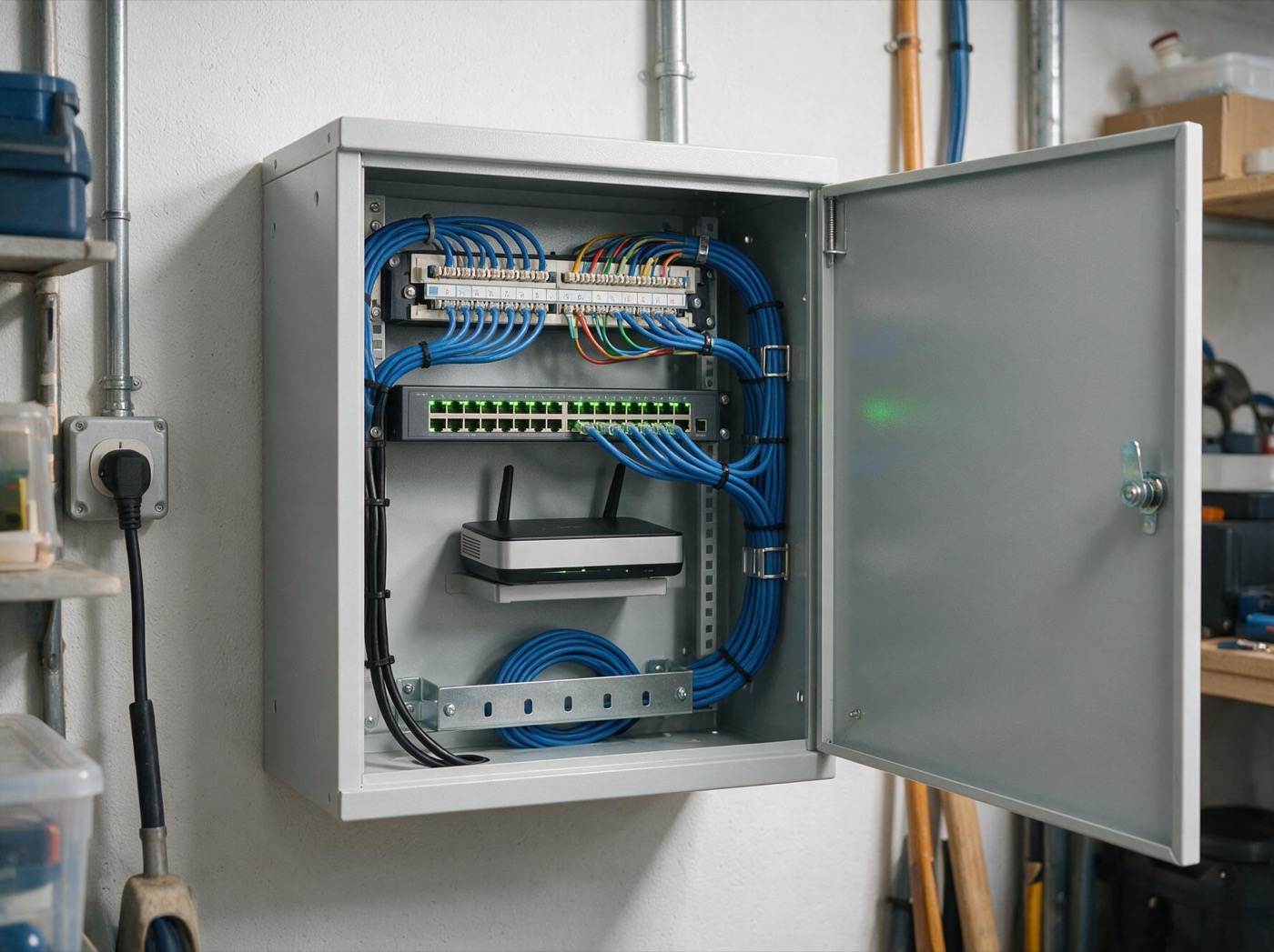 Nachher: aufgeräumter Netzwerkschrank mit Patchfeld